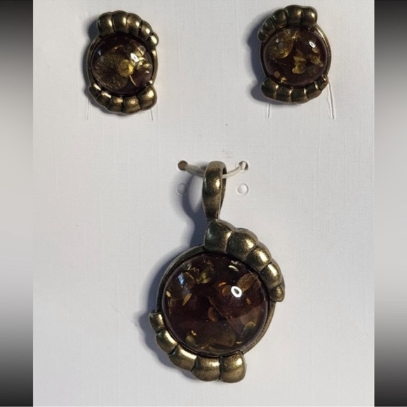 Paulus Amber Filigree Earrings with Matching Pendant NWT iridescent - Picture 2 of 3